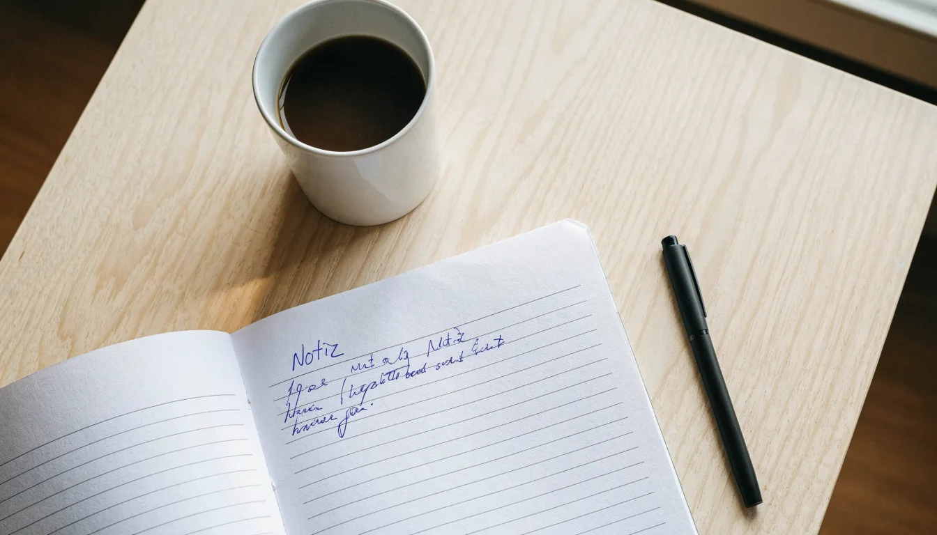 Ein aufgeschlagenes Notizbuch mit handschriftlichen Notizen und ein Kugelschreiber liegen auf einem hellen Schreibtisch neben einer Kaffeetasse.