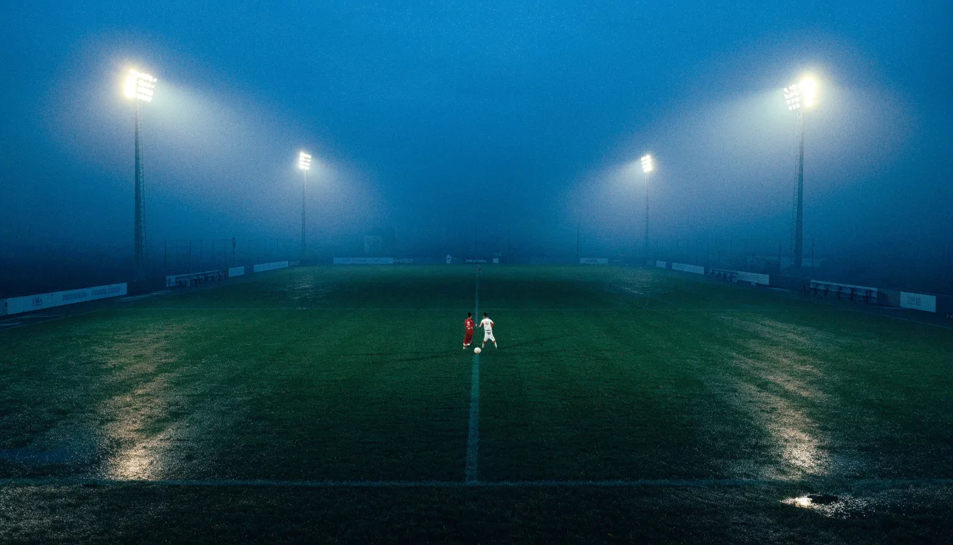 Ein Fußballplatz mit Flutlichtmasten in der Abenddämmerung, aus der Ferne gesehen, leere Tribünen und nasser Rasen unter bewölktem Himmel.