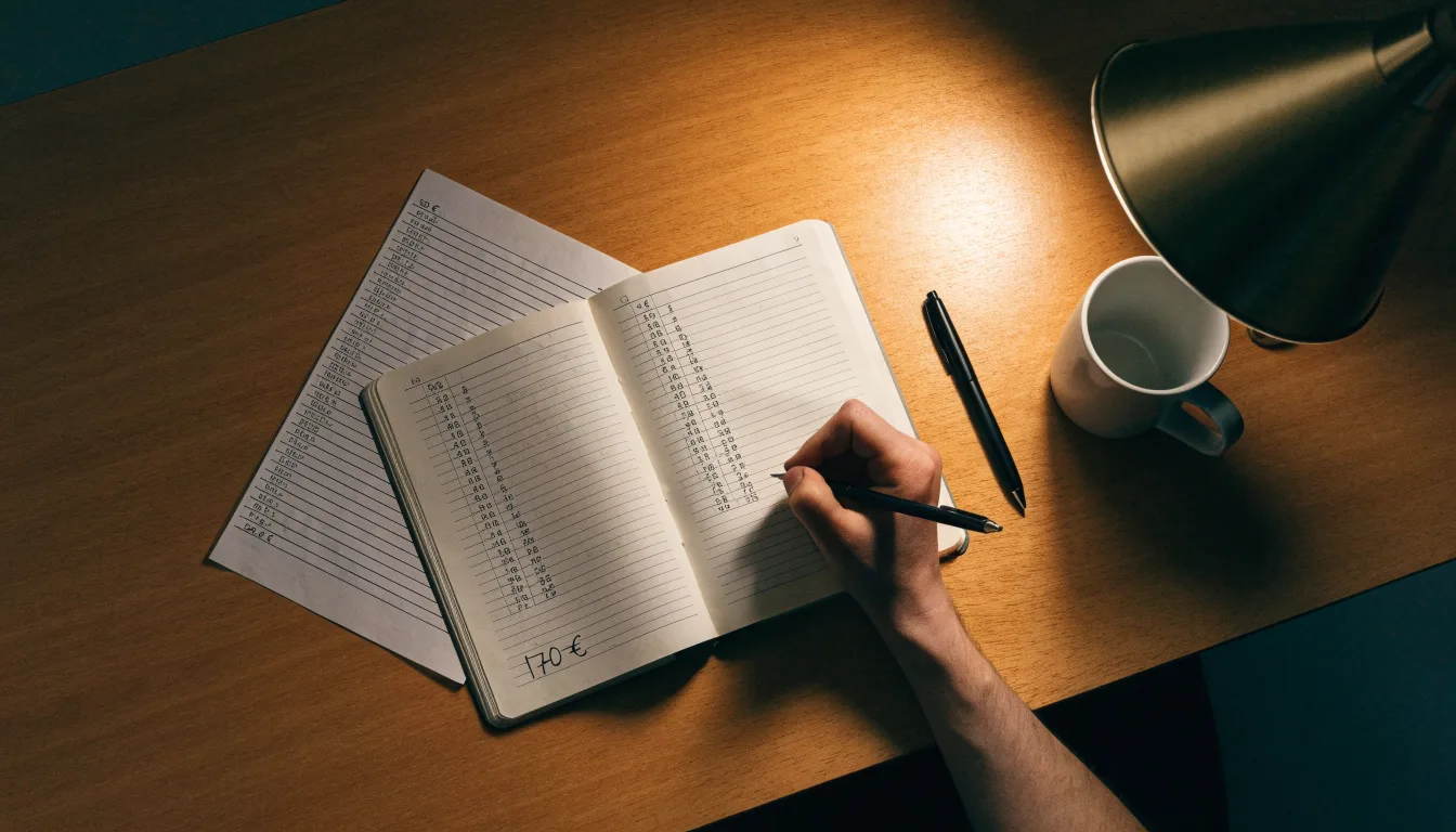 Ein Taschenrechner und ein Blatt Papier mit handschriftlichen Notizen liegen auf einem Schreibtisch unter dem warmen Licht einer Lampe.