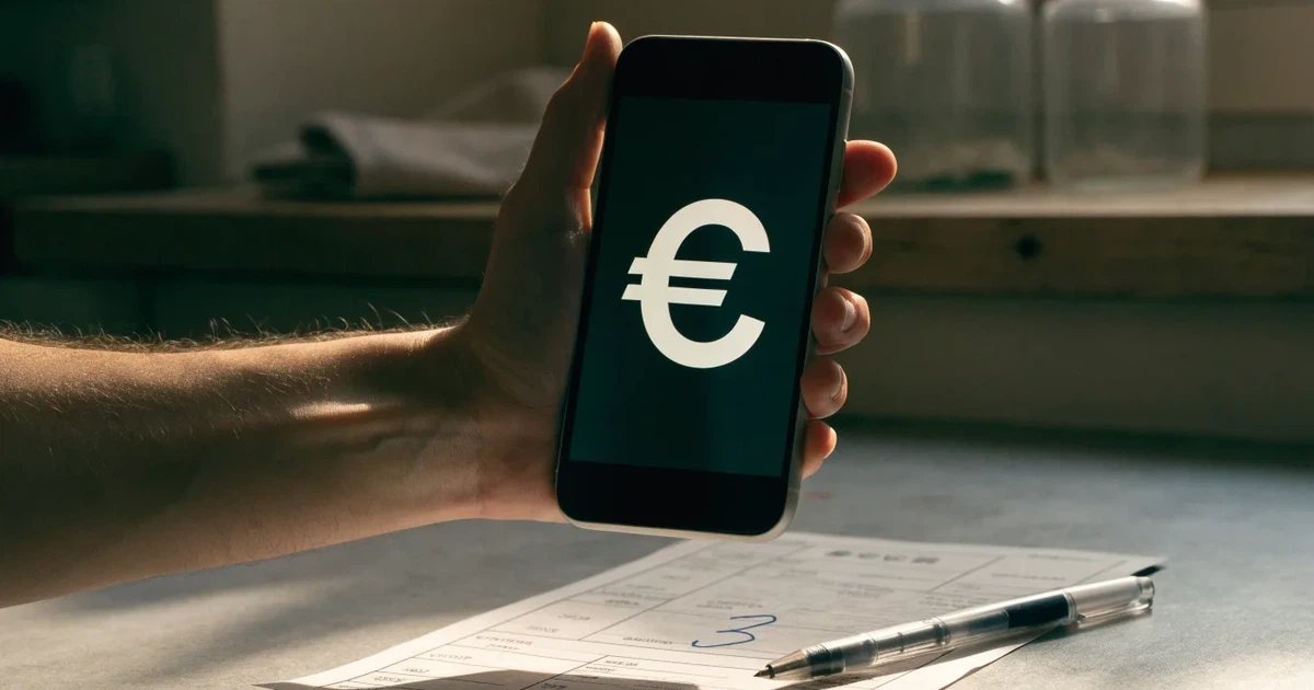 Eine Hand legt ein paar Münzen neben ein umgedrehtes Smartphone auf eine graue Tischplatte, dahinter verschwommen ein Küchenregal.