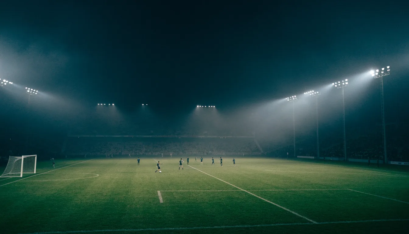 Ein Stadion unter Flutlicht bei Nacht, von einem Hügel aus der Ferne betrachtet, mit Dunst über dem Spielfeld.
