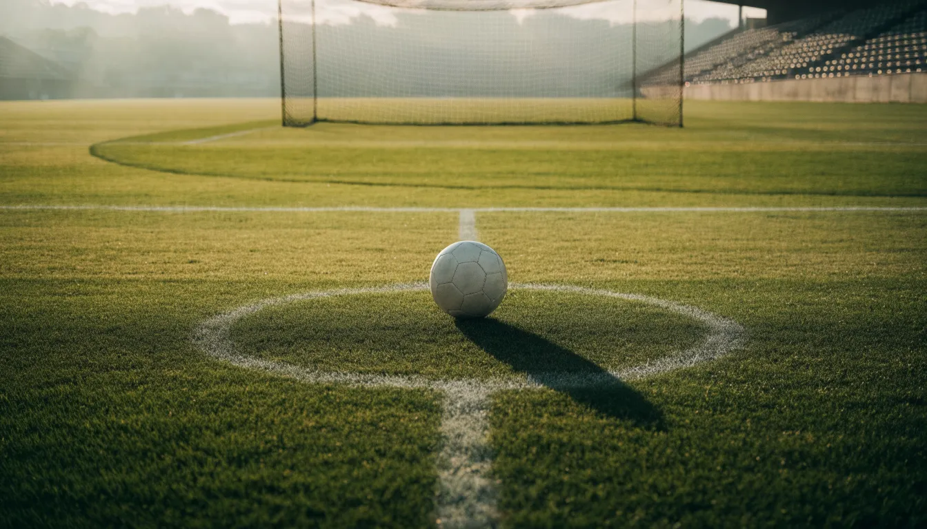 Ein Fußball liegt auf dem Elfmeterpunkt eines leeren Rasenplatzes, im Hintergrund eine Tribüne im Dunst.