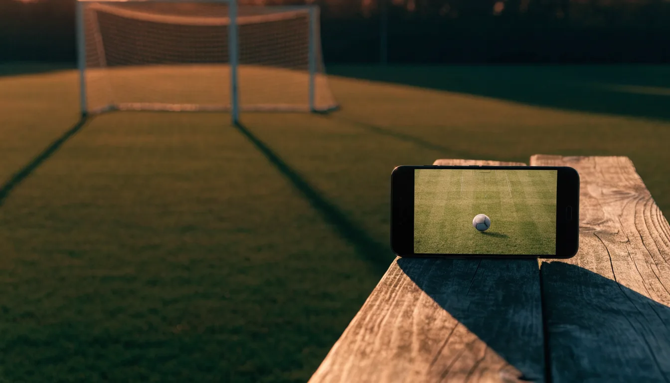 Ein Fußballtor mit Netz bei Sonnenuntergang auf einem leeren Platz, die Schatten der Torpfosten liegen lang auf dem Gras.