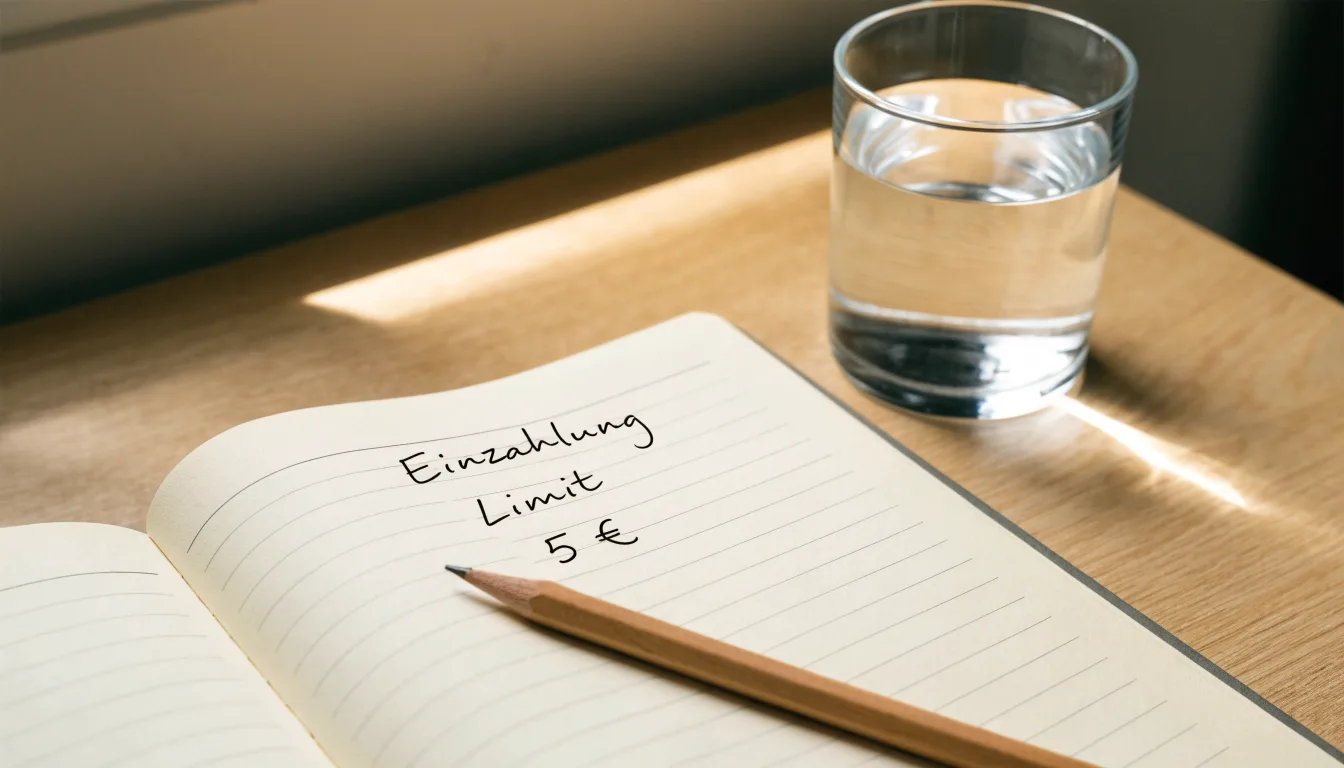 Ein aufgeschlagenes Heft mit handschriftlichen Notizen und ein Bleistift liegen auf einem Schreibtisch, daneben ein Glas Wasser.