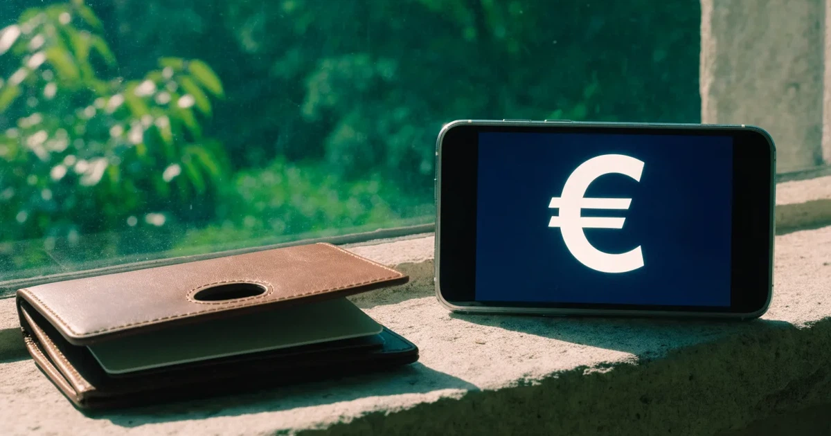 Eine Geldbörse aus Leder liegt geöffnet neben einem Smartphone auf einer Fensterbank, im Hintergrund ein Garten im Gegenlicht.