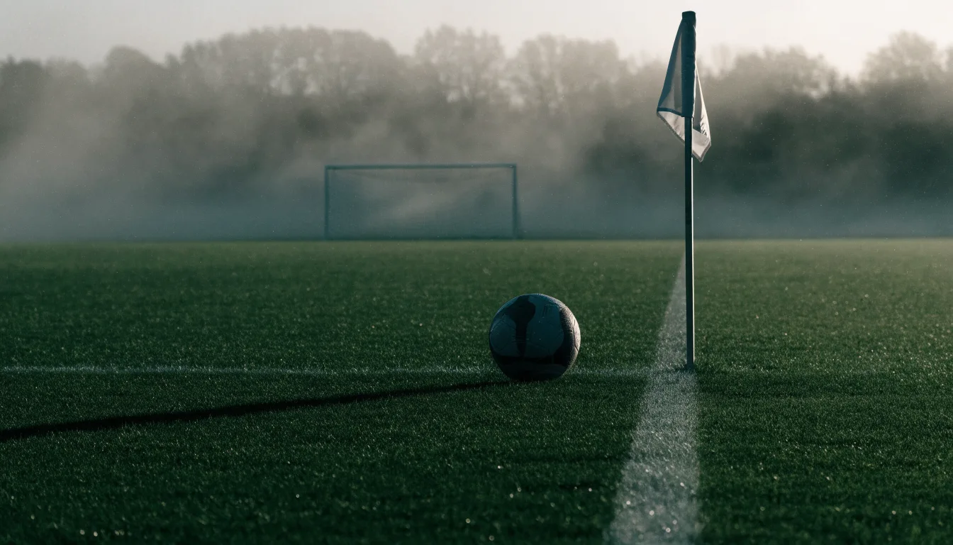 Der Rand eines Spielfelds mit weißer Linie und Eckfahne bei Nebel am frühen Morgen, ohne Menschen.