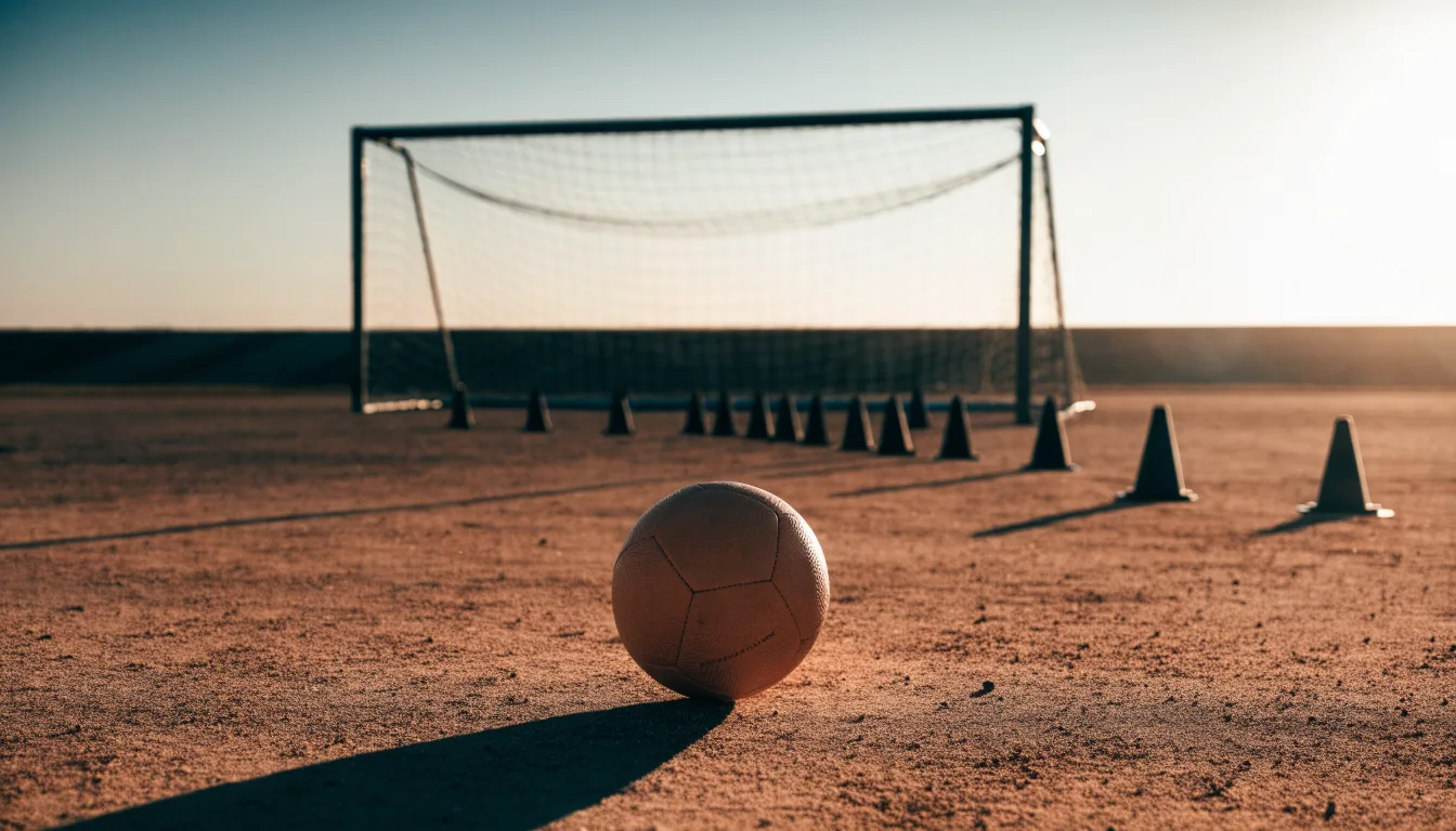 Ein Fußball auf rotem Sandboden neben einer Reihe Hütchen auf einem Trainingsplatz bei untergehender Sonne.