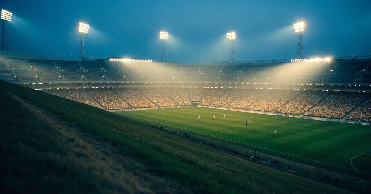 Ein Fußballstadion unter Flutlicht mit hellen Rängen, von einem Hügel aus gesehen, darüber ein dunkelblauer Abendhimmel.