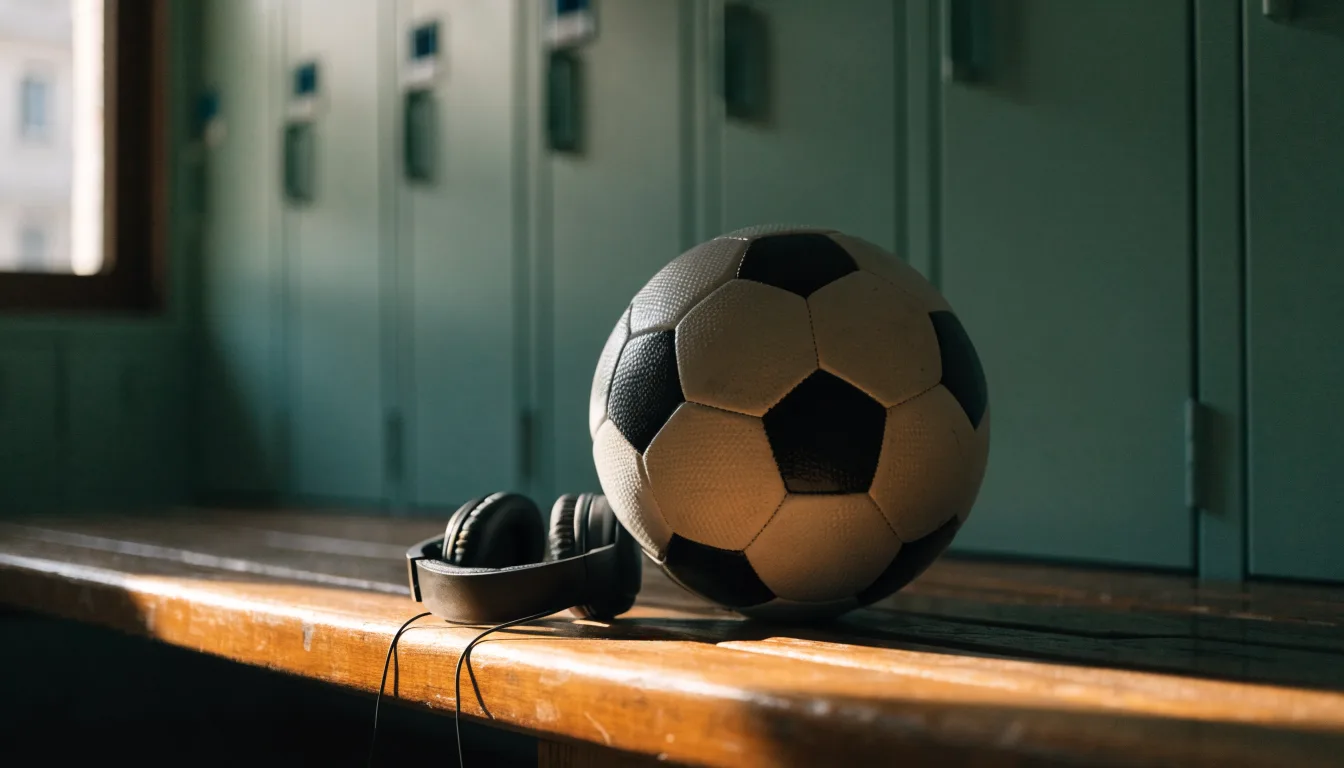 Ein Fußball liegt neben Kopfhörern auf einer Holzbank in einer Umkleide, Licht fällt durch ein schmales Fenster.