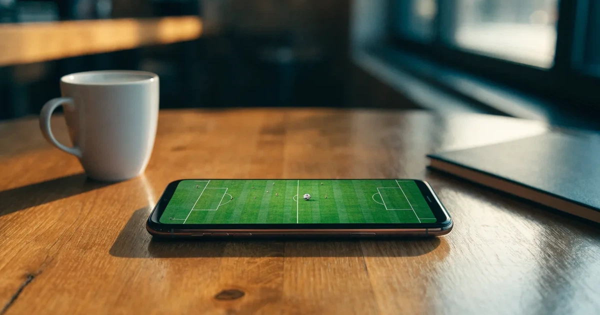 Ein Smartphone mit dunklem Bildschirm liegt auf einem Tisch in einem Café, daneben eine Tasse und ein Notizbuch.