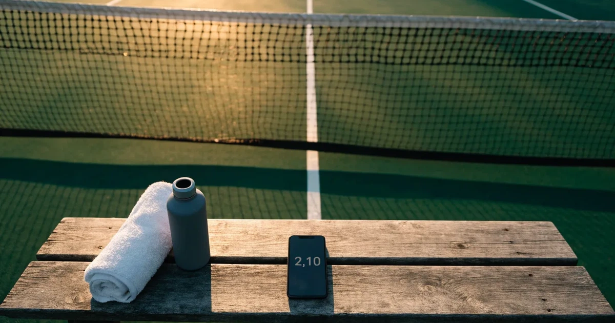 Ein leerer Tennisplatz mit Hartplatzbelag in der Morgendämmerung, das Netz im Gegenlicht und lange Schatten der Linien.