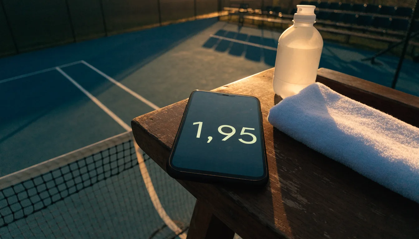 Ein leerer Schiedsrichterstuhl am Spielfeldrand eines Tennisplatzes im Abendlicht, lange Schatten auf dem Belag.