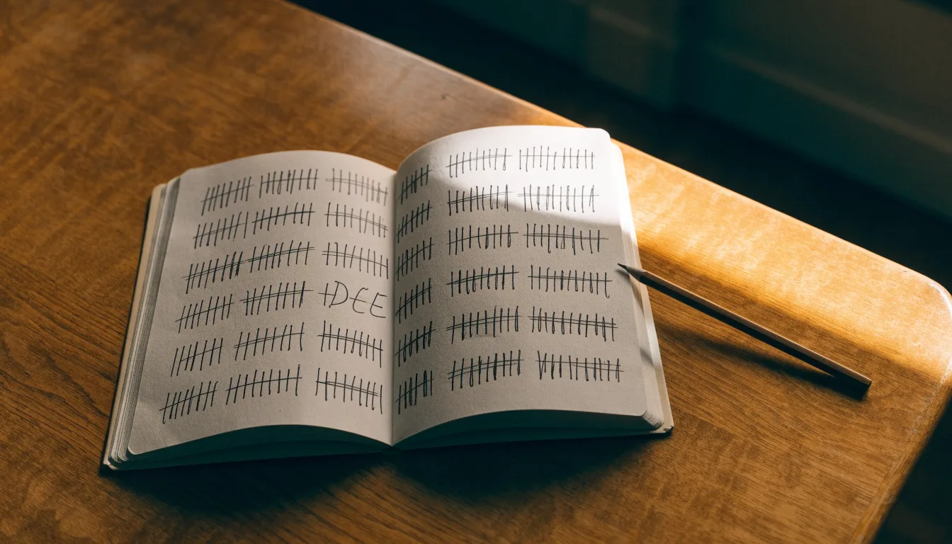 Ein handschriftlich geführtes Heft mit Strichlisten liegt neben einem Bleistift auf einem Tisch, seitlich fällt Tageslicht herein.