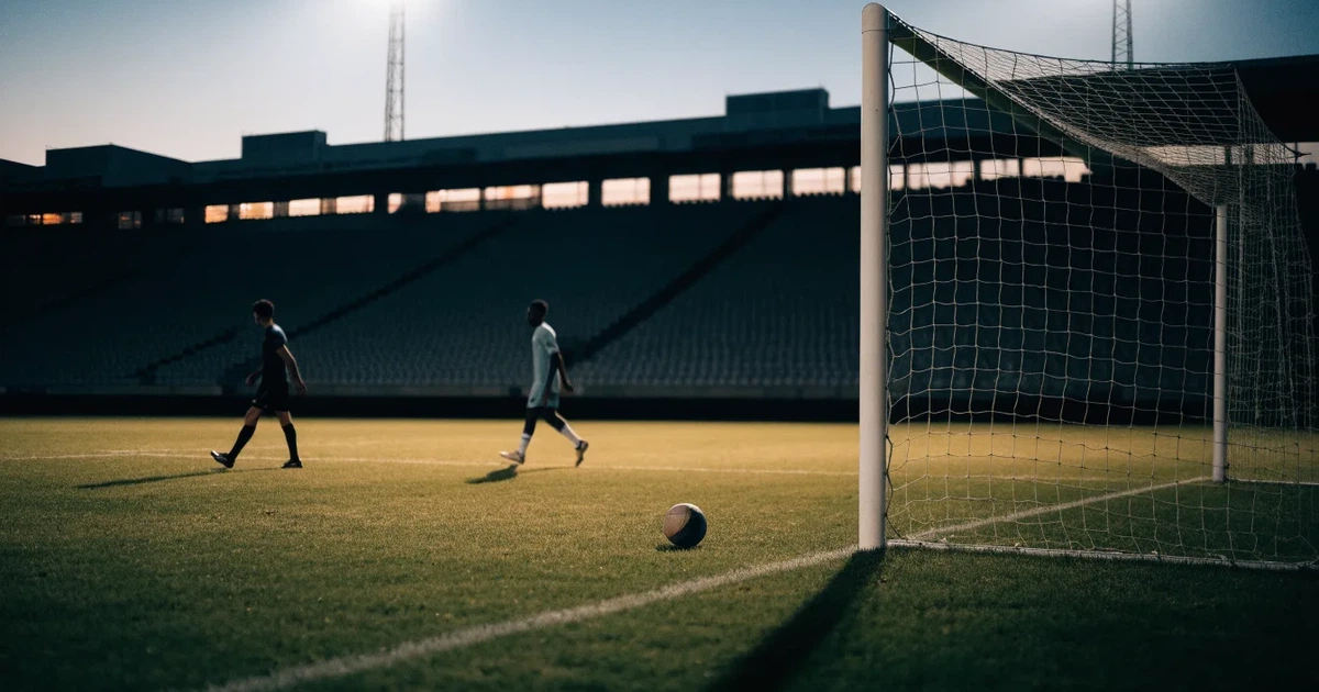 Ein Fußball liegt im Strafraum direkt vor dem Tor mit Netz, im Hintergrund leere Ränge bei Dämmerung.