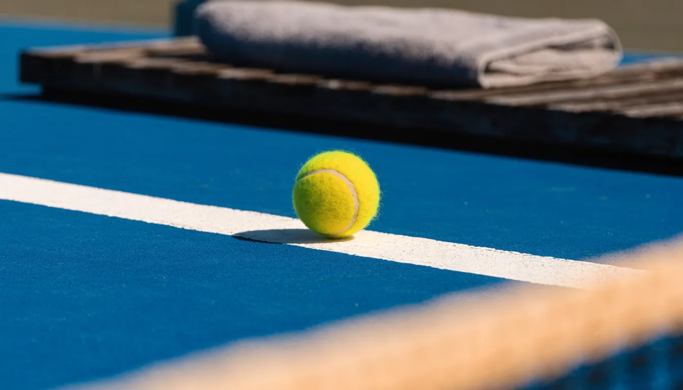 Ein gelber Tennisball liegt auf einer weißen Linie, daneben ein Handtuch auf einer Bank am Spielfeldrand.
