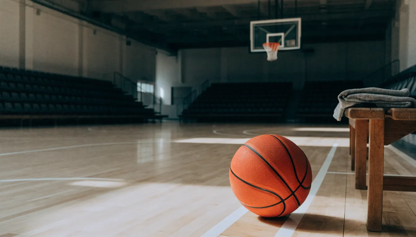 Ein Basketball liegt auf der Freiwurflinie einer Halle, im Vordergrund ein Handtuch auf einer Bank.