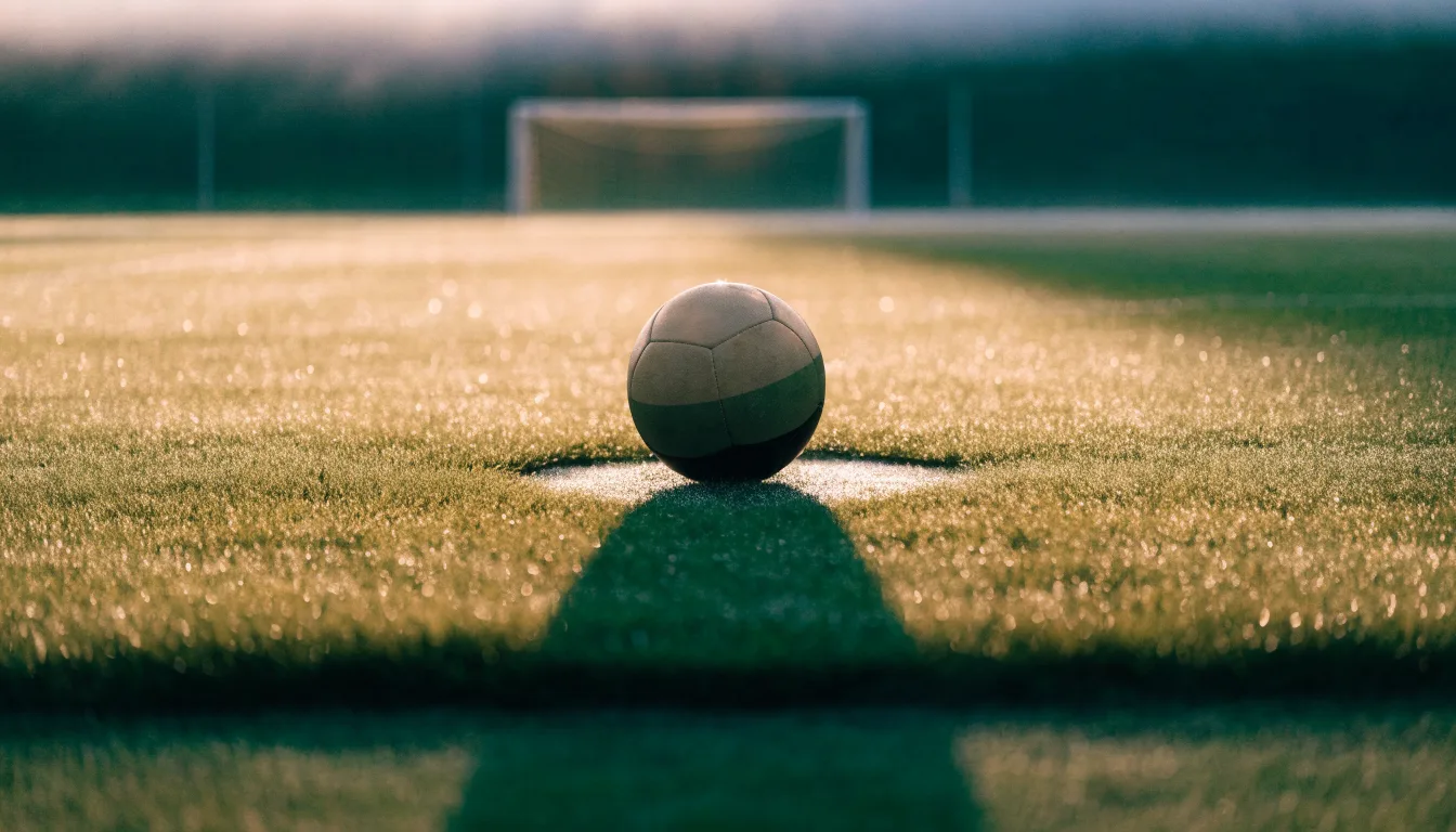 Ein Fußball liegt auf dem Anstoßpunkt eines Rasens bei Sonnenaufgang, Tau glitzert auf den Halmen.