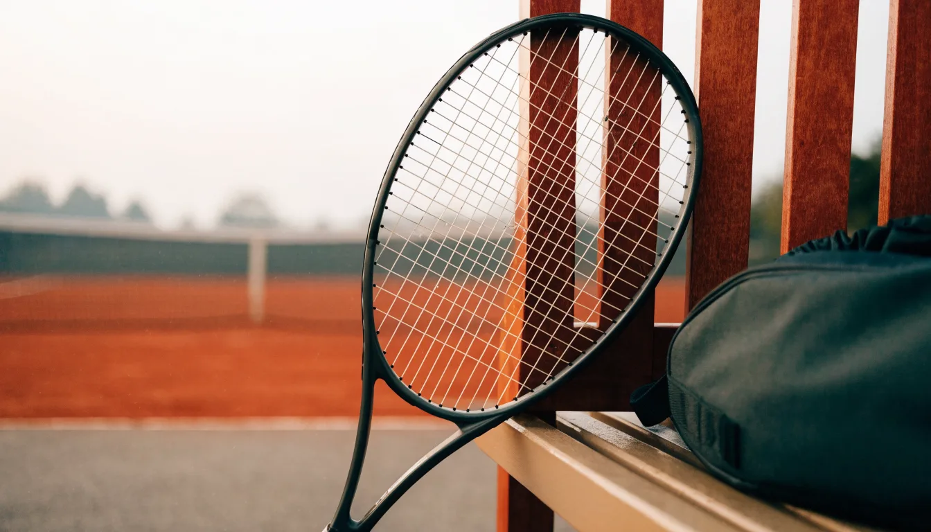 Ein Tennisschläger lehnt an einer Bank neben einer Sporttasche, im Hintergrund ein leerer Platz.