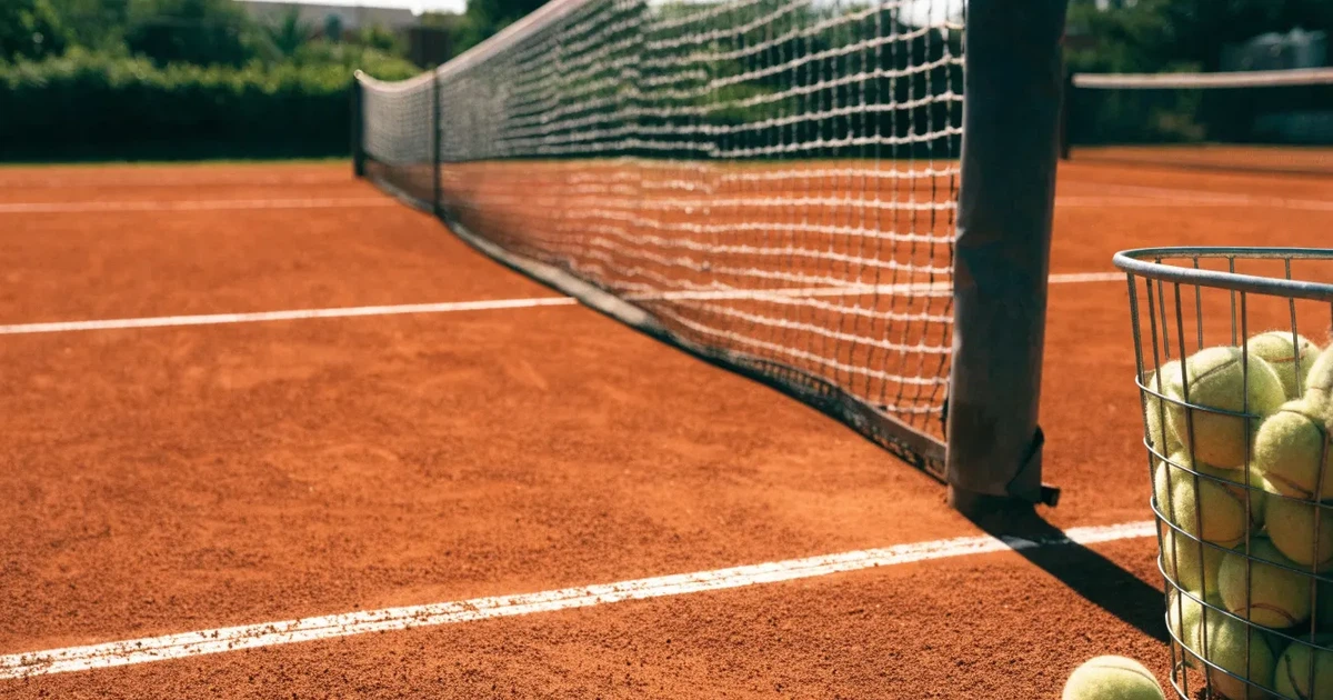 Ein Sandplatz mit frisch gezogenen Linien in der Nachmittagssonne, Netz und Ballkorb am Rand, keine Menschen.