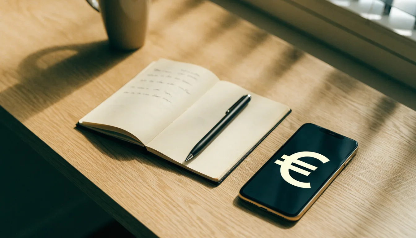Ein Notizbuch mit handschriftlichen Notizen und ein Kugelschreiber liegen neben einem Smartphone mit dunklem Display auf einem Holztisch.