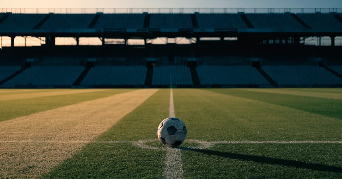 Ein Fußball liegt auf dem Anstoßpunkt eines leeren Rasenplatzes, im Hintergrund eine große Stadiontribüne im Abendlicht.