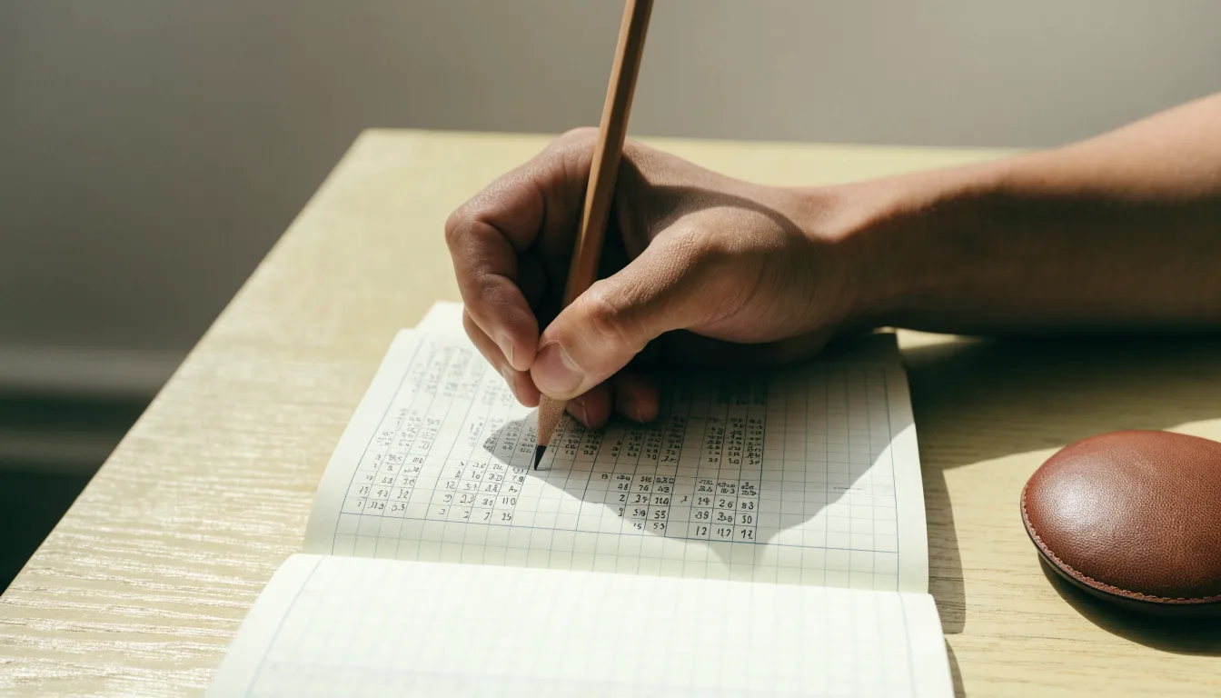 Eine Hand notiert mit Bleistift Zahlen in ein kariertes Heft, daneben liegt ein kleiner Lederfußball auf einer Holzplatte.