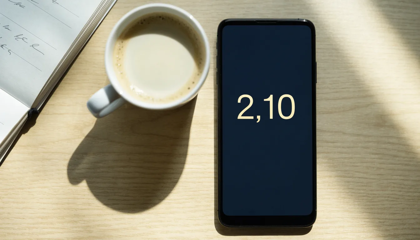 Ein Smartphone mit dunklem Display liegt neben einer Kaffeetasse und einem Notizblock auf einem hellen Tisch.