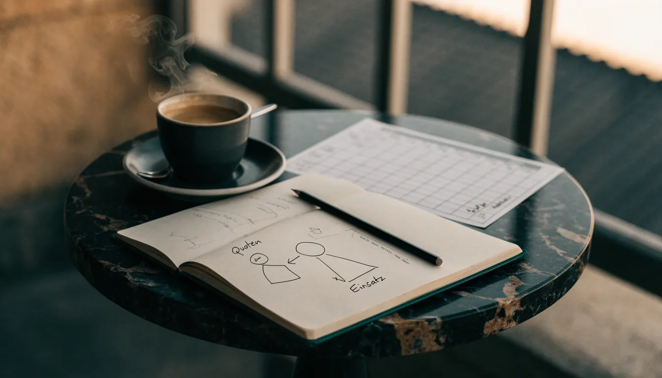 Eine Espressotasse steht auf einem kleinen Marmortisch einer Terrasse, daneben ein Notizheft mit handschriftlichen Skizzen.