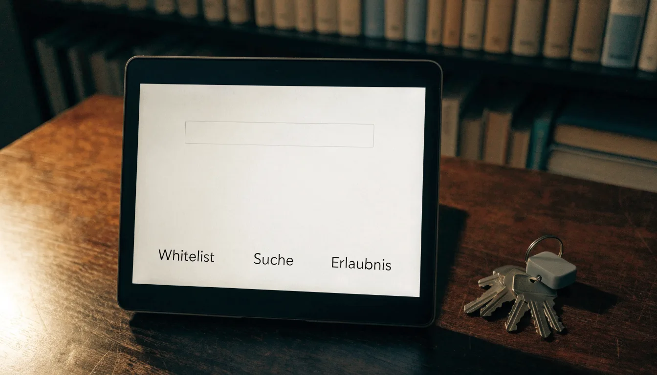 Ein Schlüsselbund und eine Lupe liegen auf einem dunklen Holztisch, im Hintergrund unscharf ein Regal mit Büchern.