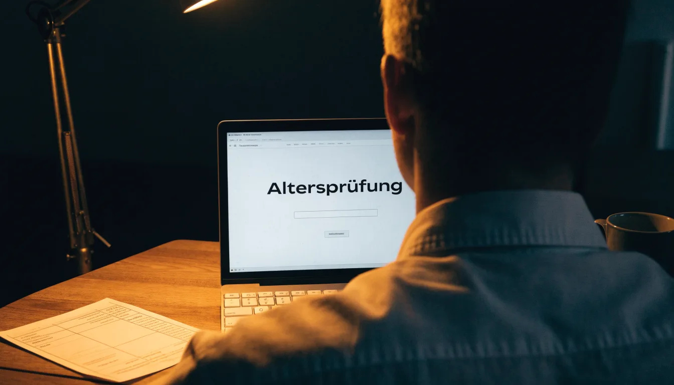Ein Schreibtisch mit Stehlampe, einem geschlossenen Laptop und einem hölzernen Richterhammer im Halbdunkel.