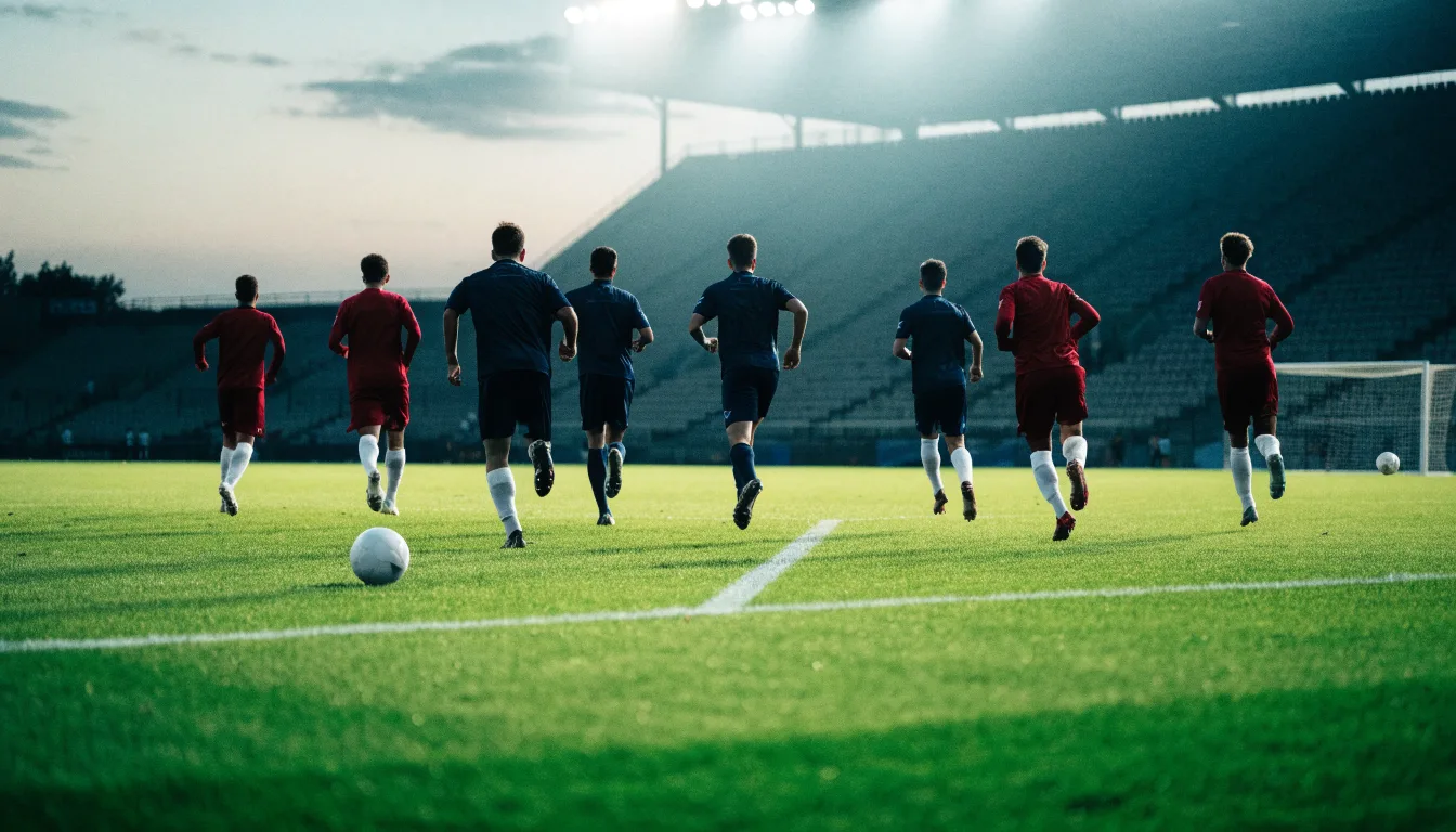Eine leere Stadiontribüne unter Flutlicht aus der Ferne betrachtet, die Rasenfläche leuchtet grün in der Dämmerung.