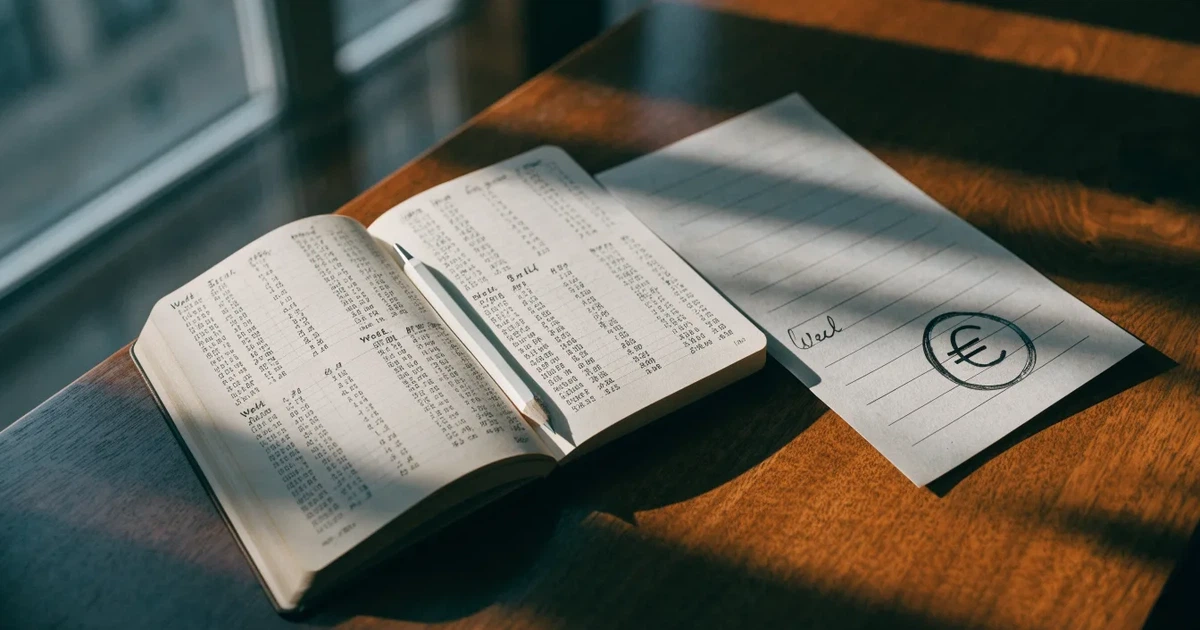 Ein aufgeschlagenes Notizbuch mit handschriftlichen Zahlenreihen und ein Bleistift liegen neben einem Taschenrechner auf einem Schreibtisch.