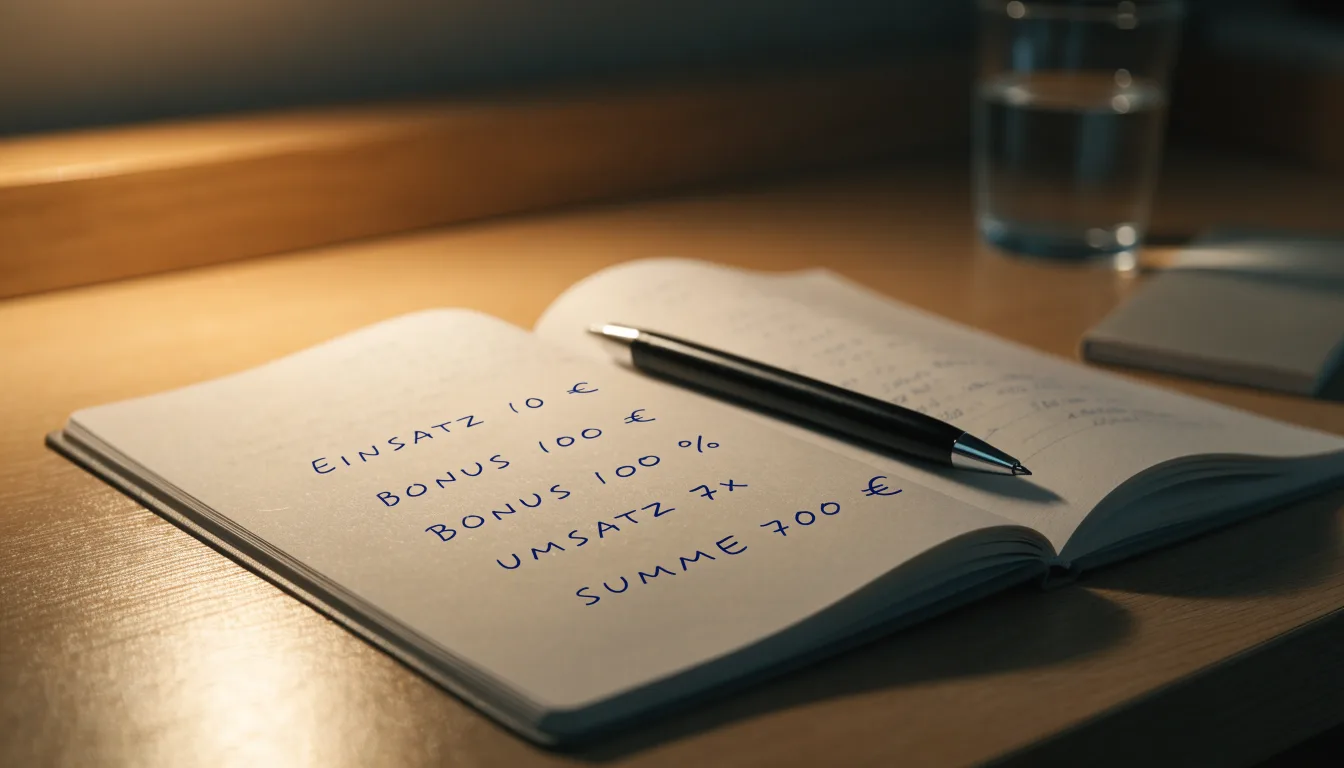 Ein Notizbuch mit handschriftlichen Rechnungen und ein Taschenrechner liegen auf einem aufgeräumten Schreibtisch in warmem Licht.