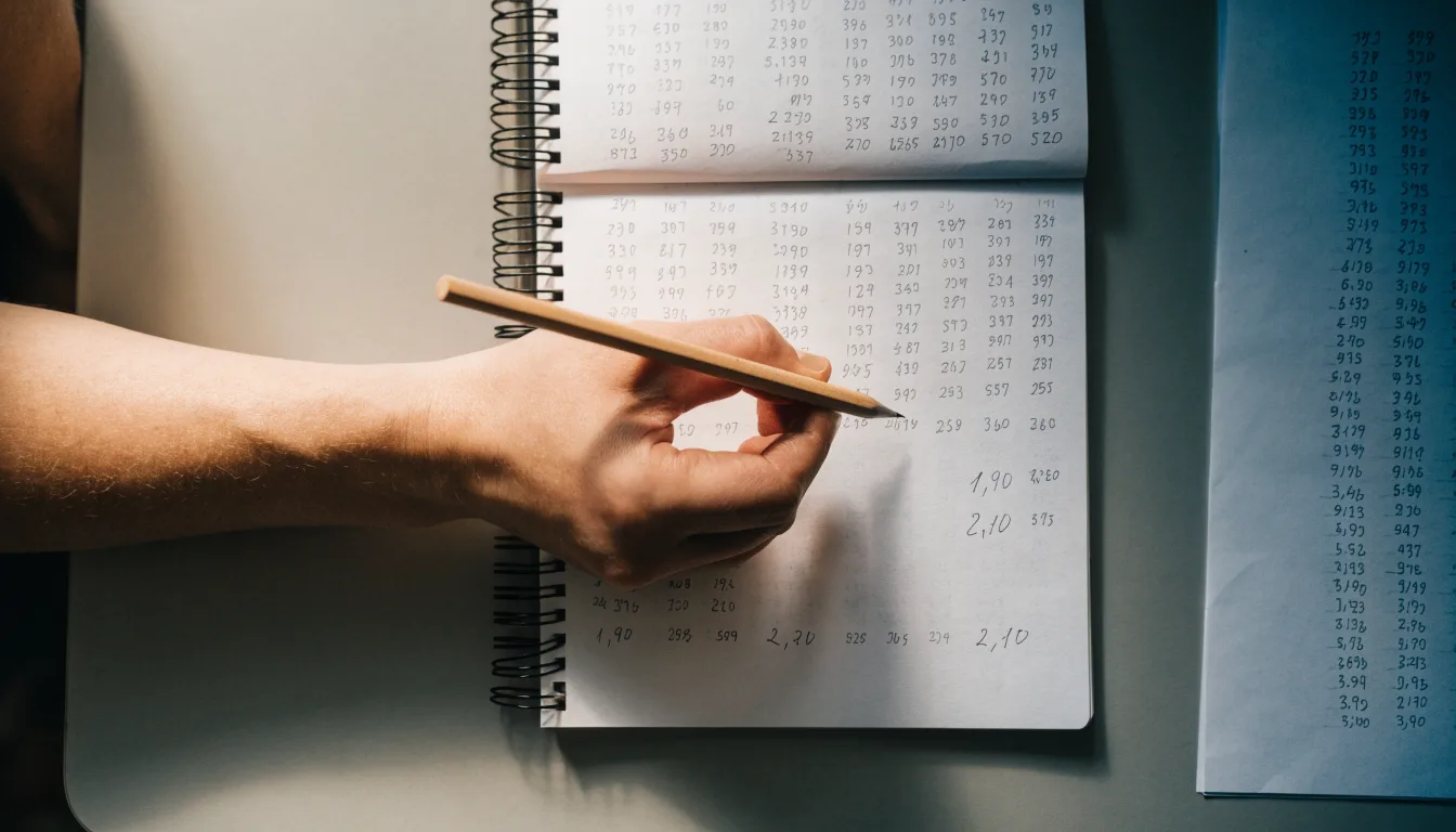 Ein Taschenrechner, ein Bleistift und ein Block mit handschriftlichen Zahlenreihen liegen auf einer grauen Arbeitsfläche.