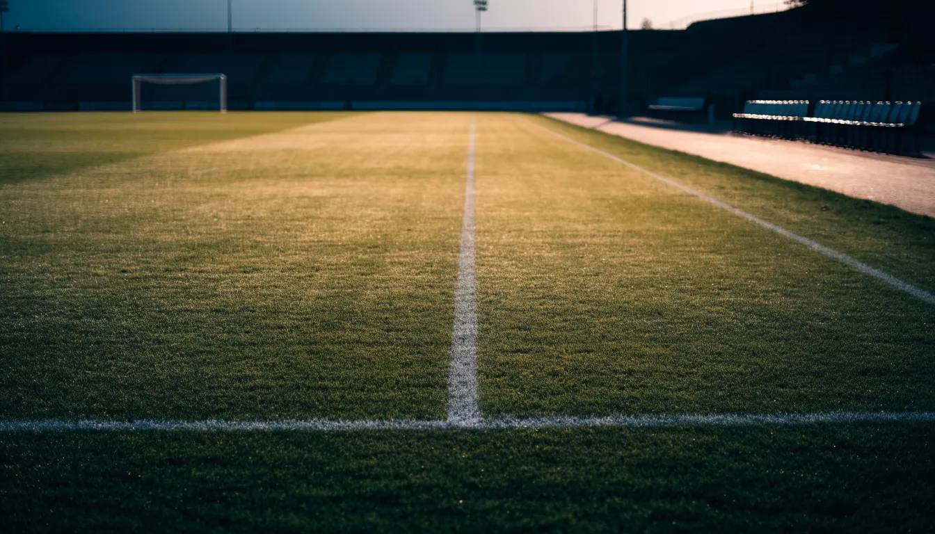 Ein Fußballplatz mit frisch gezogenen Kreidelinien im ersten Morgenlicht, leere Ersatzbänke am Spielfeldrand.