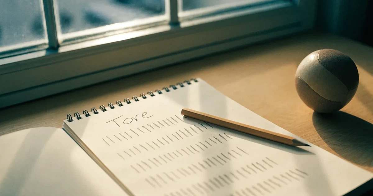 Ein Notizbuch mit handschriftlichen Strichlisten, ein Bleistift und ein kleiner Fußball liegen auf einem Schreibtisch vor einem Fenster.
