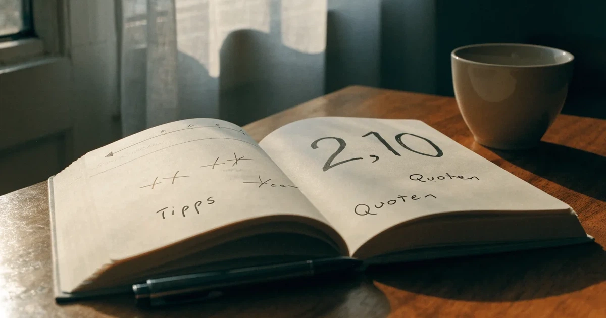 Ein aufgeklapptes Notizbuch mit handschriftlichen Pfeilen und Kreuzen liegt neben einem Kugelschreiber und einem Becher Kaffee auf einem Tisch am Fenster.