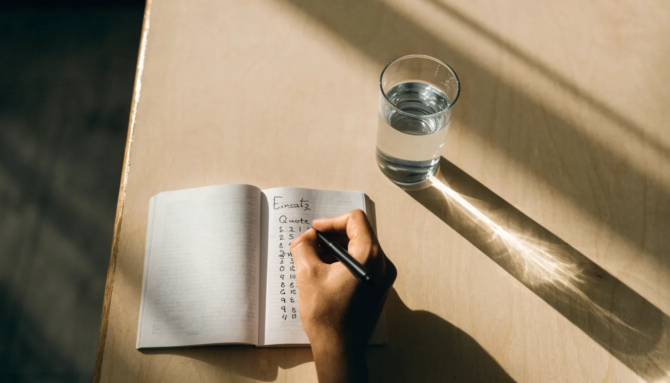 Ein Taschenrechner liegt auf einem Schreibtisch neben einem Block mit handschriftlichen Rechnungen und einem Glas Wasser.