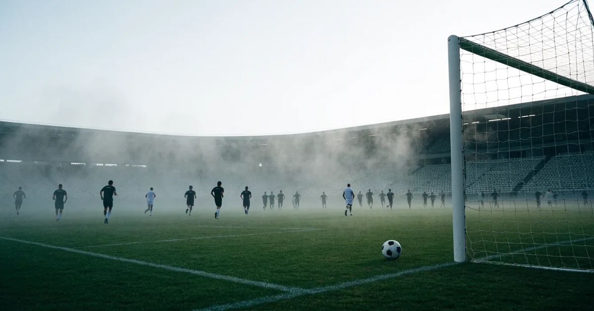 Ein Fußballplatz mit gepflegtem Rasen und einem Tor, über dem Spielfeld liegt Morgennebel, im Hintergrund eine leere Tribüne.