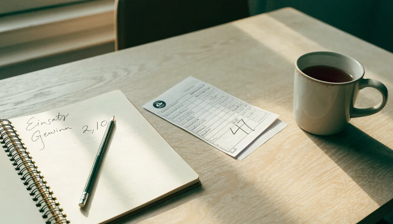 Ein Schreibtisch mit Taschenrechner, Bleistift und einem Block voller handschriftlicher Rechnungen, daneben eine Tasse Tee.