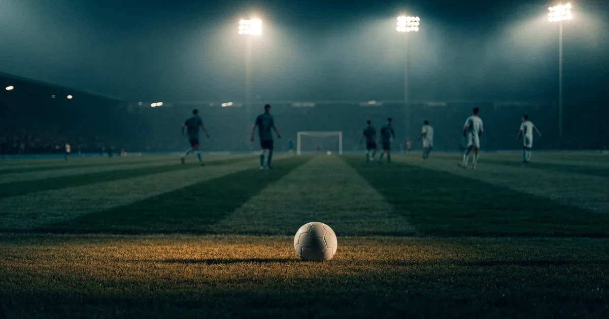 Eine Flutlichtanlage ragt über einen Trainingsplatz, auf dem Rasen liegen verstreut Hütchen und ein Ball, am Himmel die Abenddämmerung.