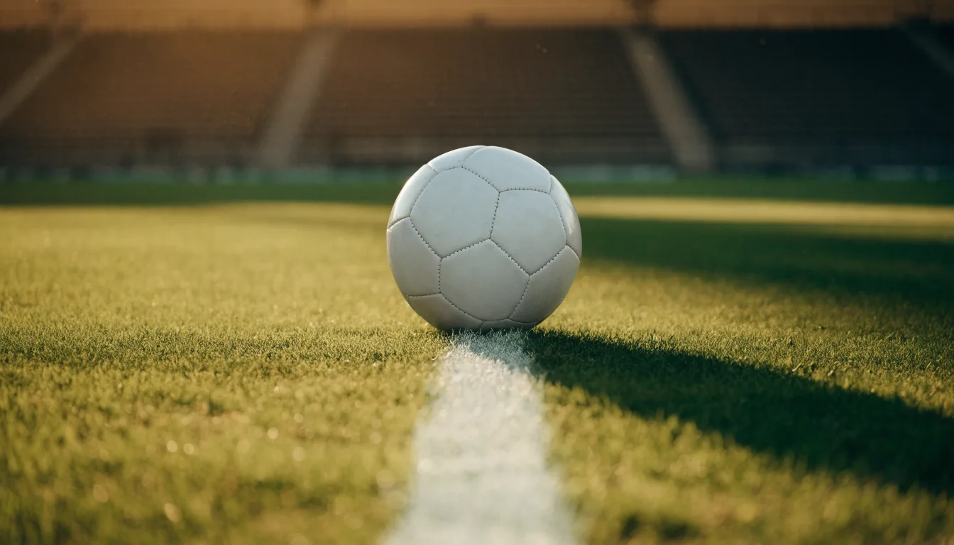 Ein Fußball liegt auf dem Rasen im Mittelkreis, die Kreidelinien führen scharf ins Bild, dahinter verschwimmt eine Tribüne.