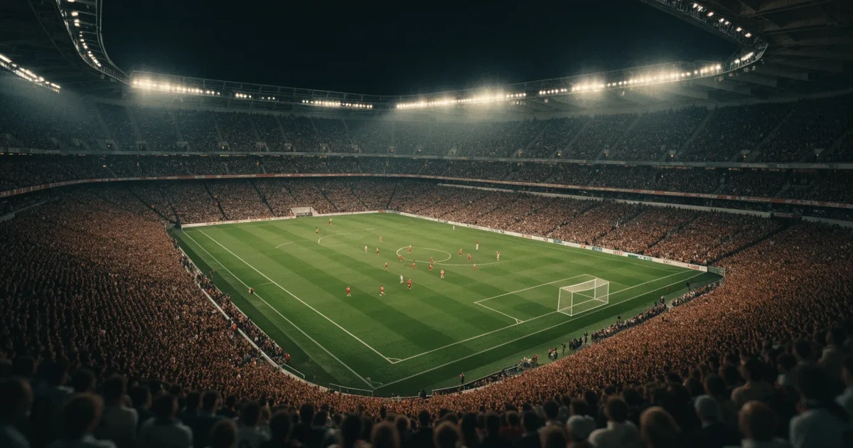 Ein großes Stadion bei Nacht, aus der Ferne unter Flutlicht gesehen, die Ränge hell erleuchtet, der Rasen leuchtend grün.