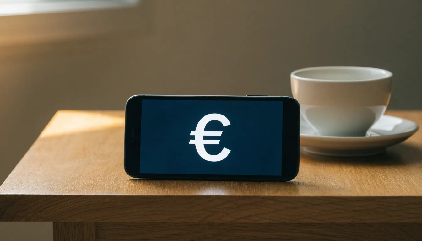 Ein Smartphone mit dunklem Display liegt neben einer Kaffeetasse auf einem Holztisch im Licht eines Fensters.
