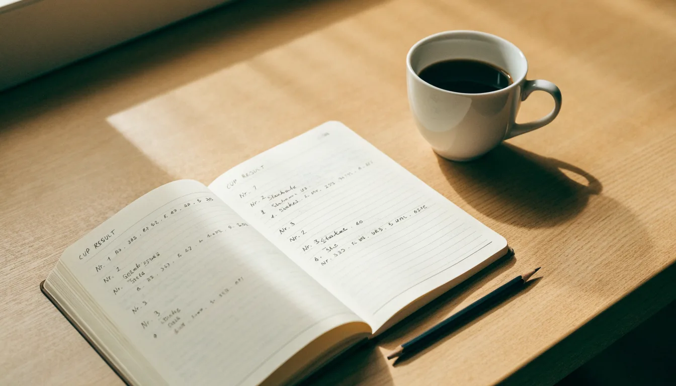 Ein aufgeschlagenes Notizbuch mit handgeschriebenen Stichpunkten und ein Bleistift liegen neben einer Kaffeetasse auf einem hellen Holztisch.