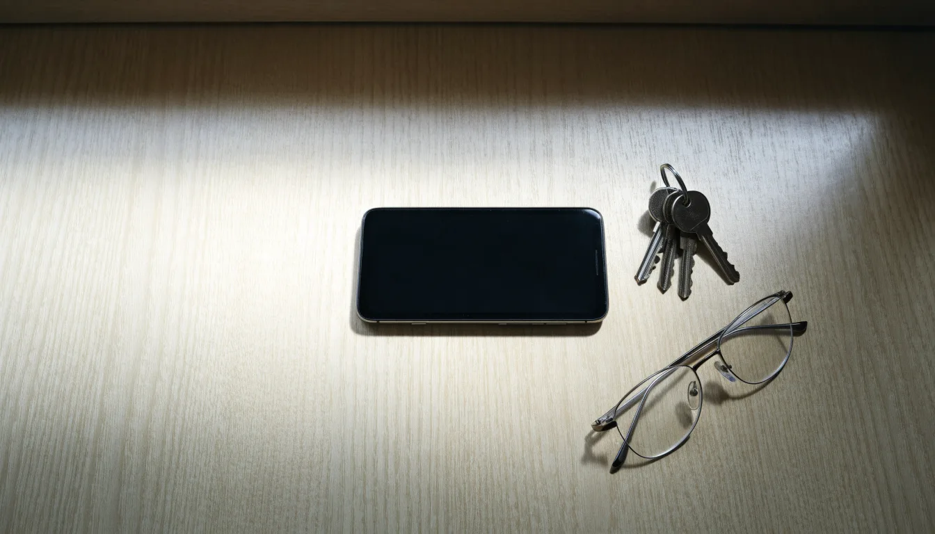 Ein Smartphone liegt mit dunklem Display auf einem Holztisch neben einem Schlüsselbund und einer Brille im Licht eines Fensters.
