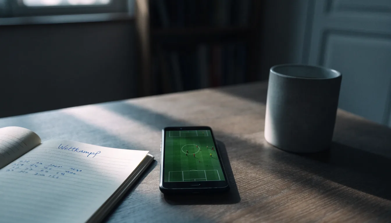 Ein Smartphone liegt mit dunklem Display auf einem Schreibtisch neben einem Notizbuch und einer Kaffeetasse.