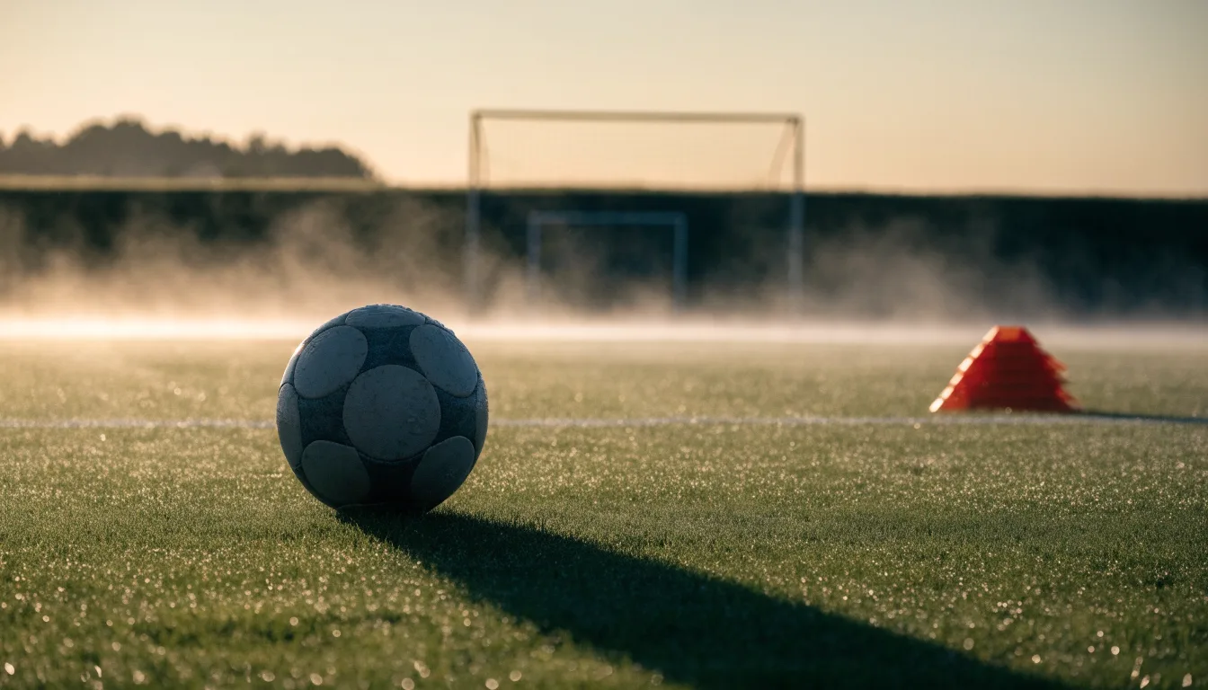 Ein Fußball liegt auf einem Rasenplatz bei Sonnenaufgang, daneben ein kleiner Stapel Trainingshütchen.