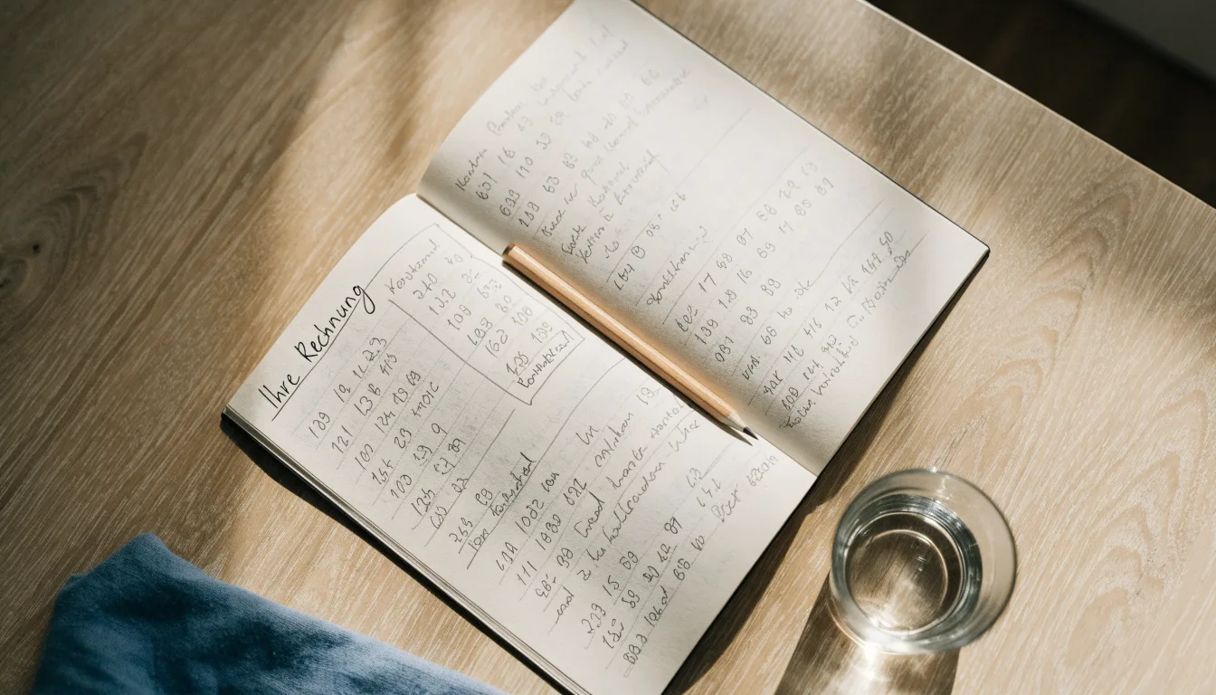 Ein Notizbuch mit handgezeichneten Spalten und ein Bleistift liegen auf einem hellen Holztisch neben einem Glas Wasser.