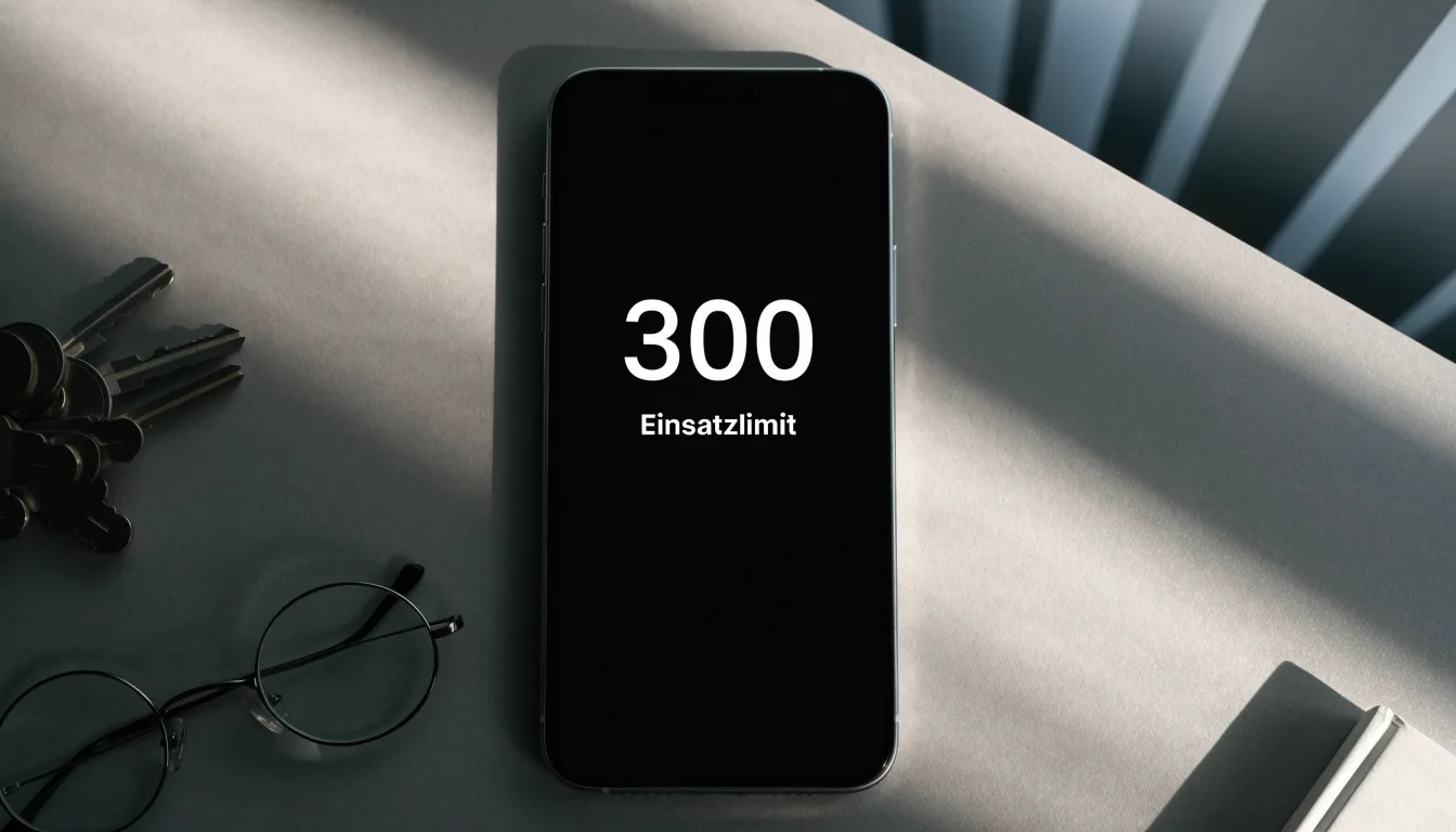 Ein Smartphone liegt mit dunklem Display auf einem Schreibtisch neben einem Schlüsselbund und einer Brille.